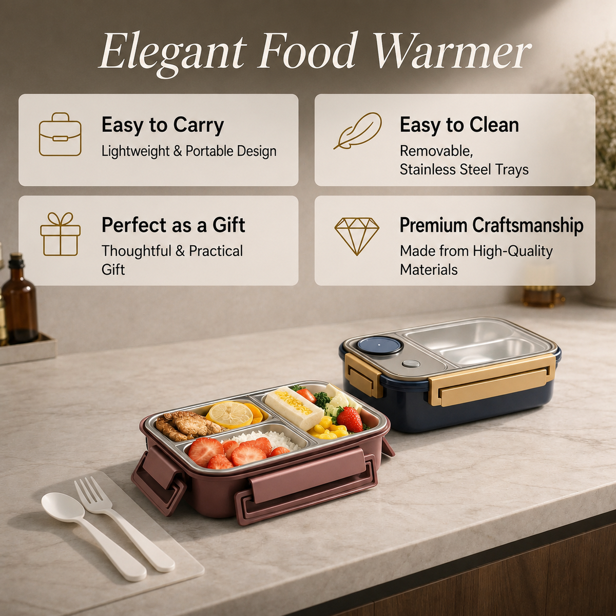 Thermal Food Container | Multi-Compartment Stainless Steel | Leakproof Click Closure | Warmpack