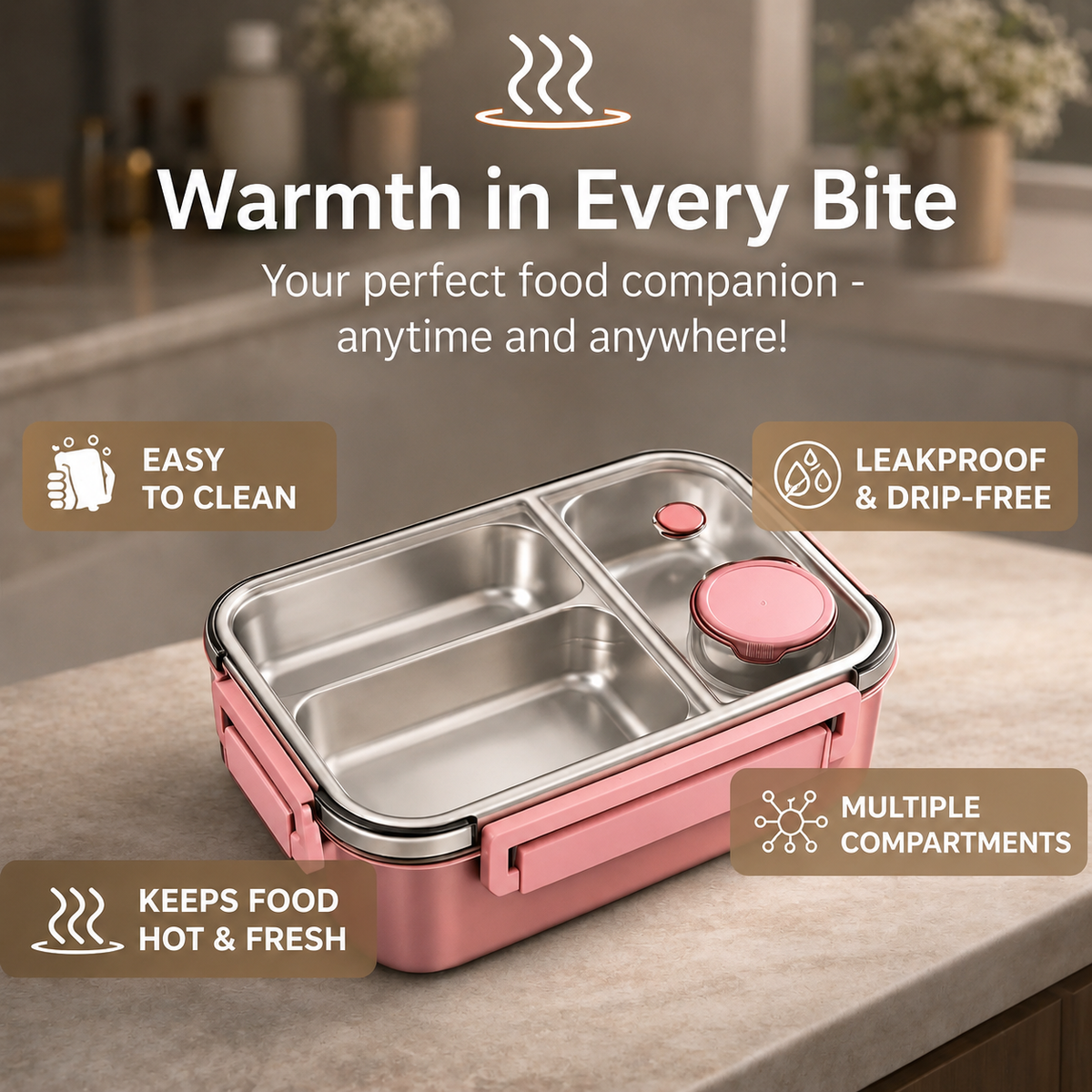 Thermal Food Container | Multi-Compartment Stainless Steel | Leakproof Click Closure | Warmpack