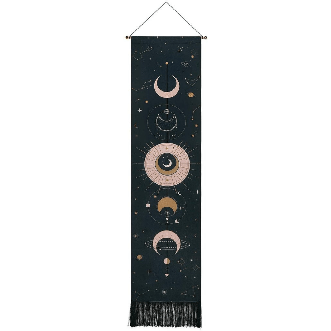 Wall Tapestry | Moon Phase Print | Fringed Bottom Edge