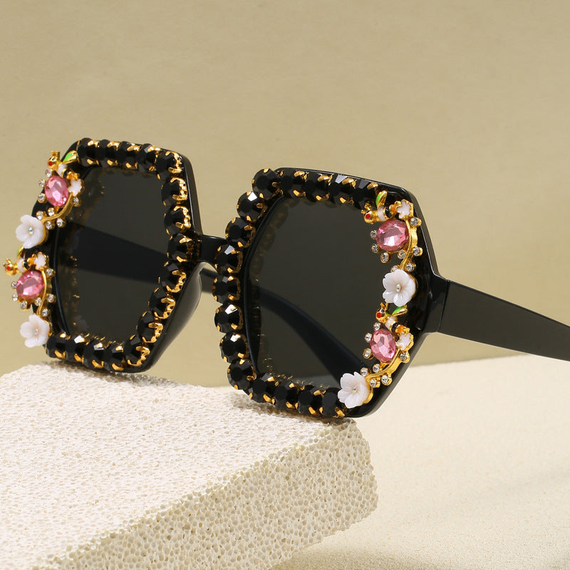 Women's extravagant hexagon sunglasses with crystal embellishment