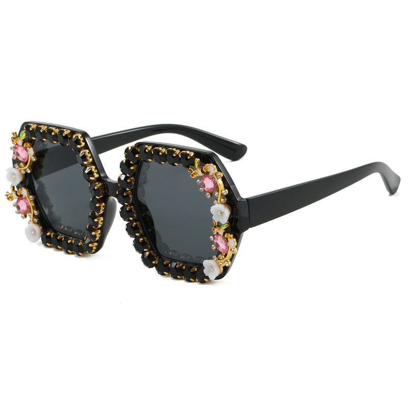 Women's extravagant hexagon sunglasses with crystal embellishment