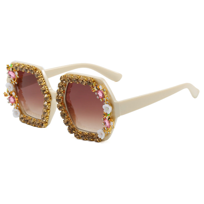 Women's extravagant hexagon sunglasses with crystal embellishment