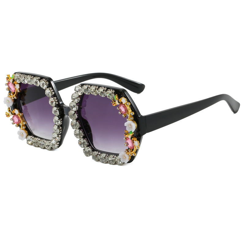 Women's extravagant hexagon sunglasses with crystal embellishment